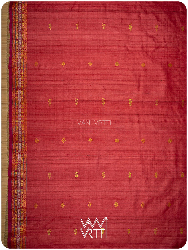 Tomato Red Matsya Kachhap Handspun Tussar Silk Saree