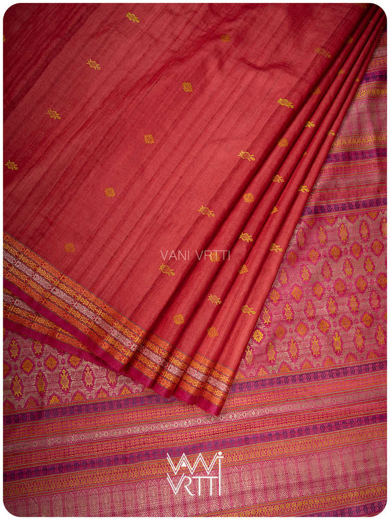 Tomato Red Matsya Kachhap Handspun Tussar Silk Saree