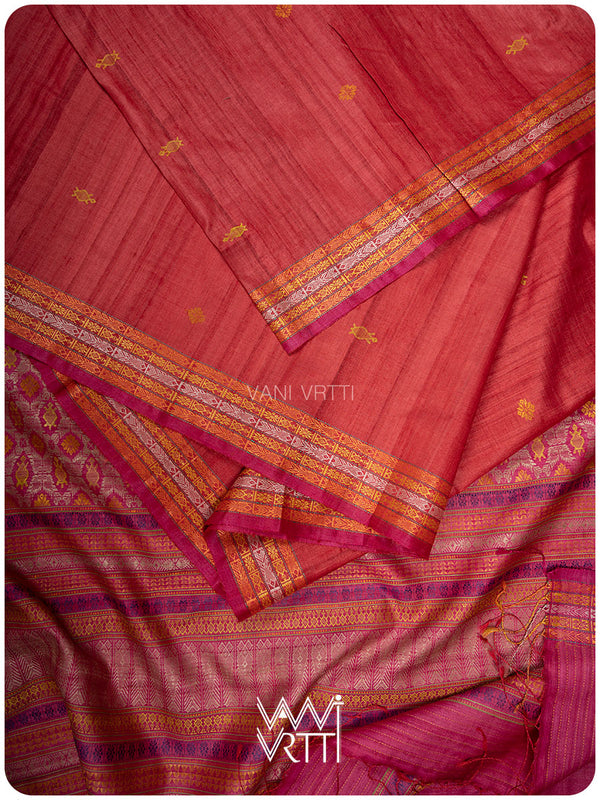 Tomato Red Matsya Kachhap Handspun Tussar Silk Saree