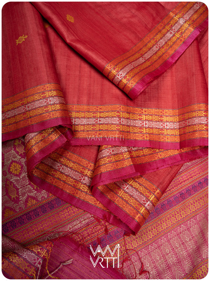 Tomato Red Matsya Kachhap Handspun Tussar Silk Saree