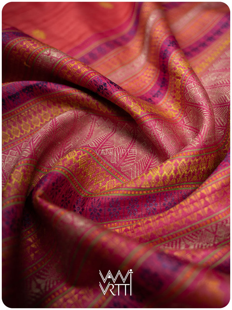 Tomato Red Matsya Kachhap Handspun Tussar Silk Saree
