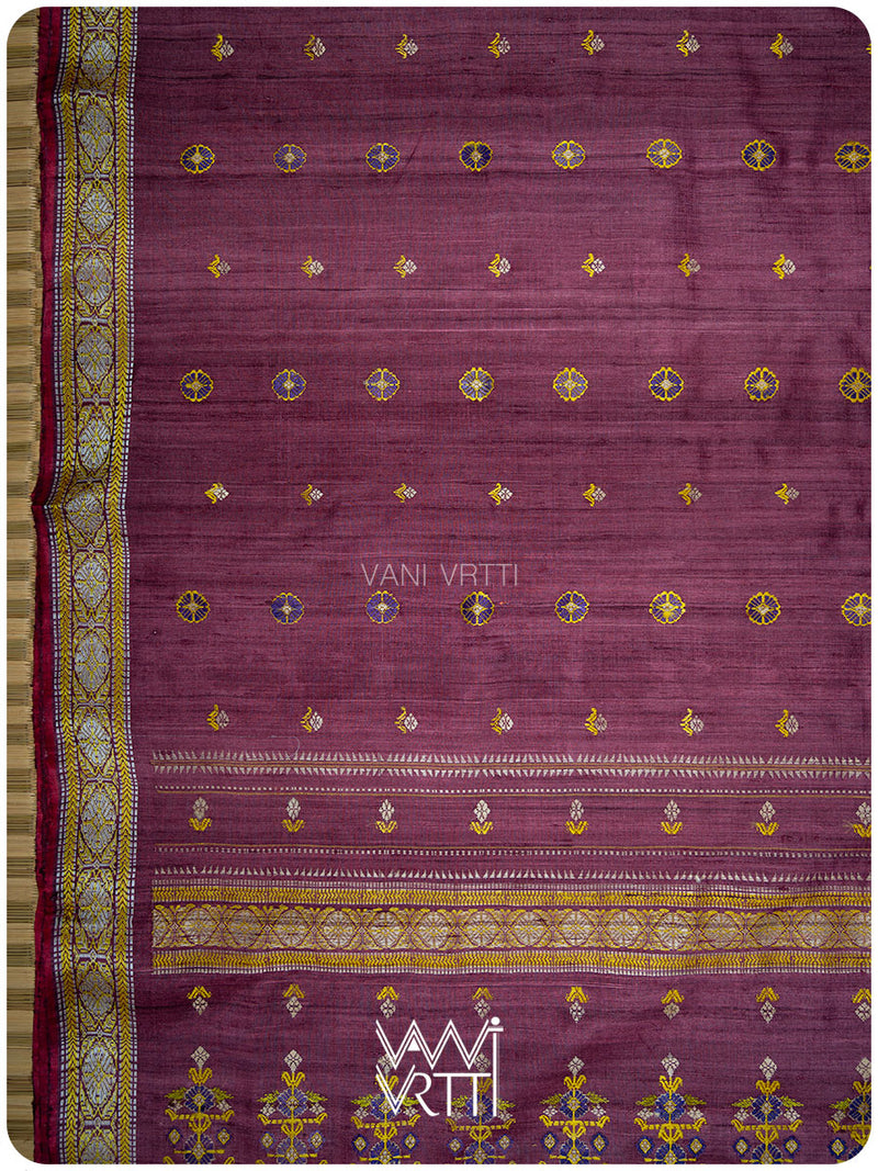Deep Wine Brahma Kamal Master Weave Exclusive Handspun Tussar Silk Saree