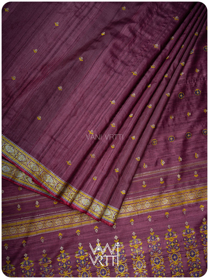 Deep Wine Brahma Kamal Master Weave Exclusive Handspun Tussar Silk Saree
