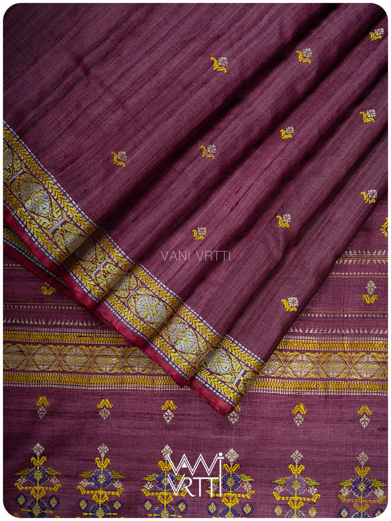 Deep Wine Brahma Kamal Master Weave Exclusive Handspun Tussar Silk Saree