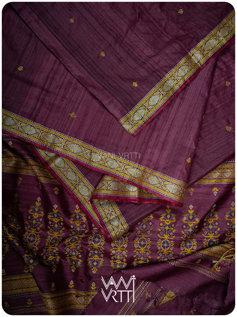 Deep Wine Brahma Kamal Master Weave Exclusive Handspun Tussar Silk Saree