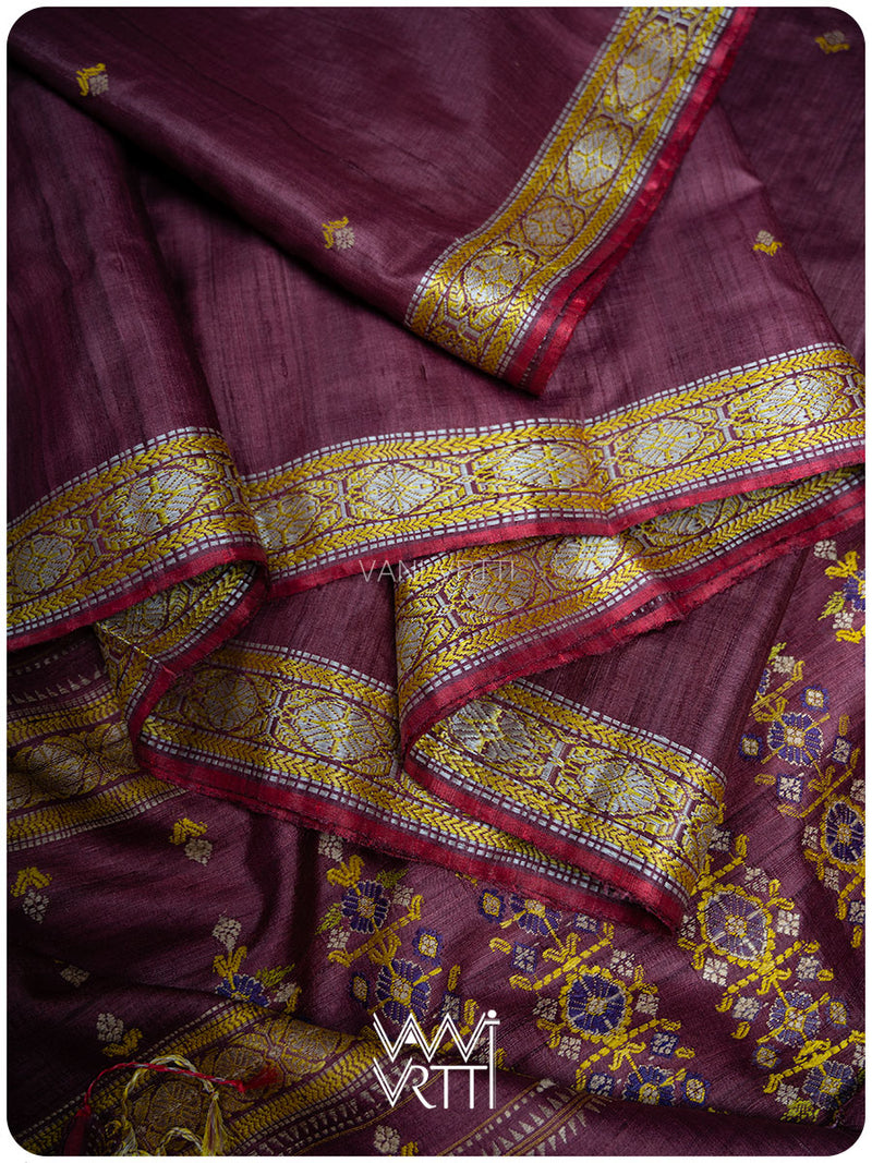 Deep Wine Brahma Kamal Master Weave Exclusive Handspun Tussar Silk Saree