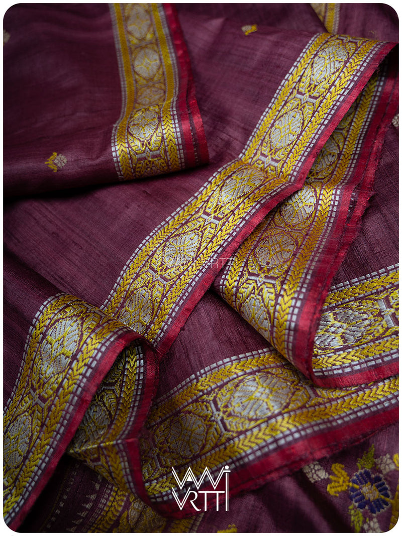 Deep Wine Brahma Kamal Master Weave Exclusive Handspun Tussar Silk Saree