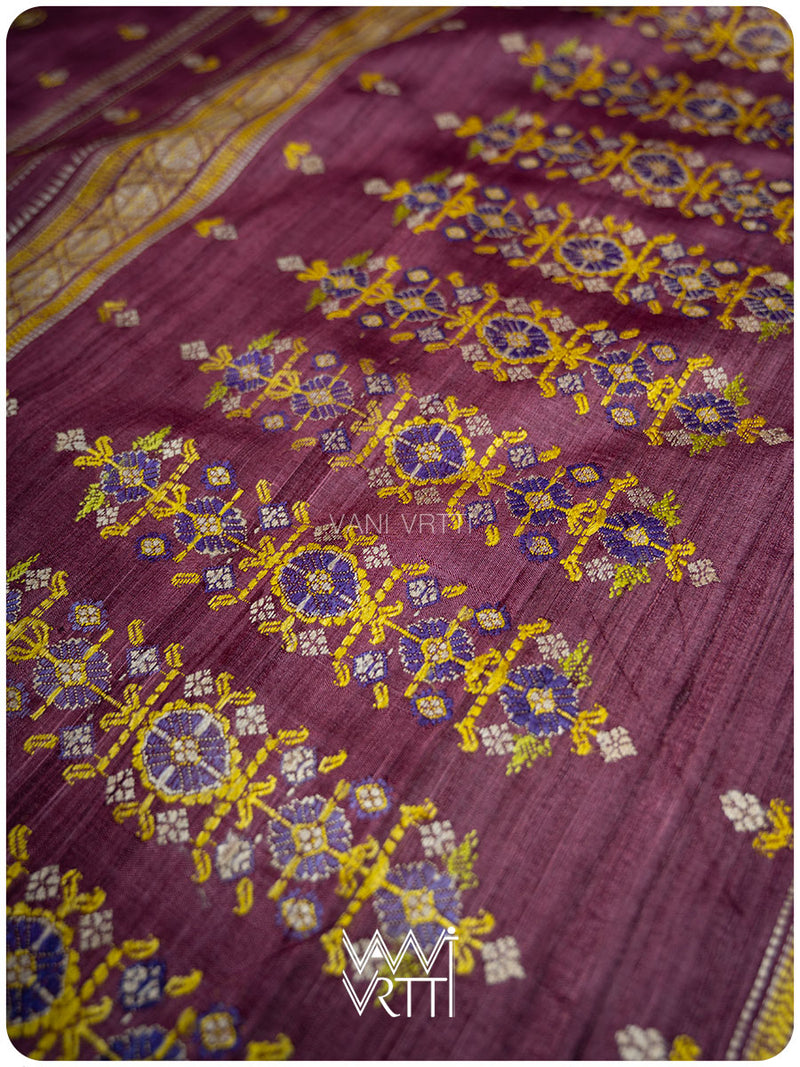 Deep Wine Brahma Kamal Master Weave Exclusive Handspun Tussar Silk Saree