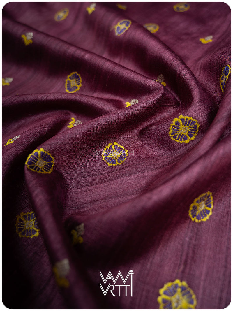 Deep Wine Brahma Kamal Master Weave Exclusive Handspun Tussar Silk Saree