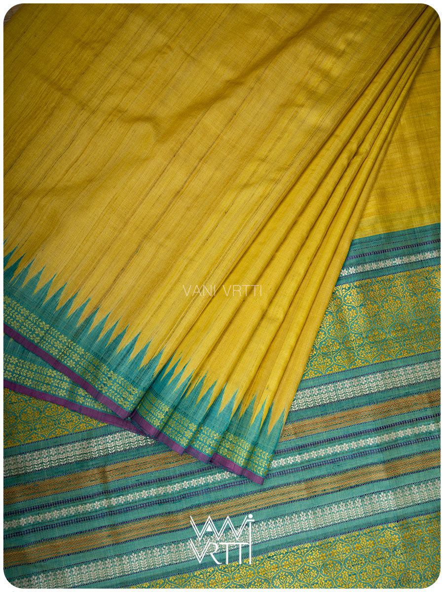 Banana Yellow Firozi Parijat Handspun Tussar Silk Saree