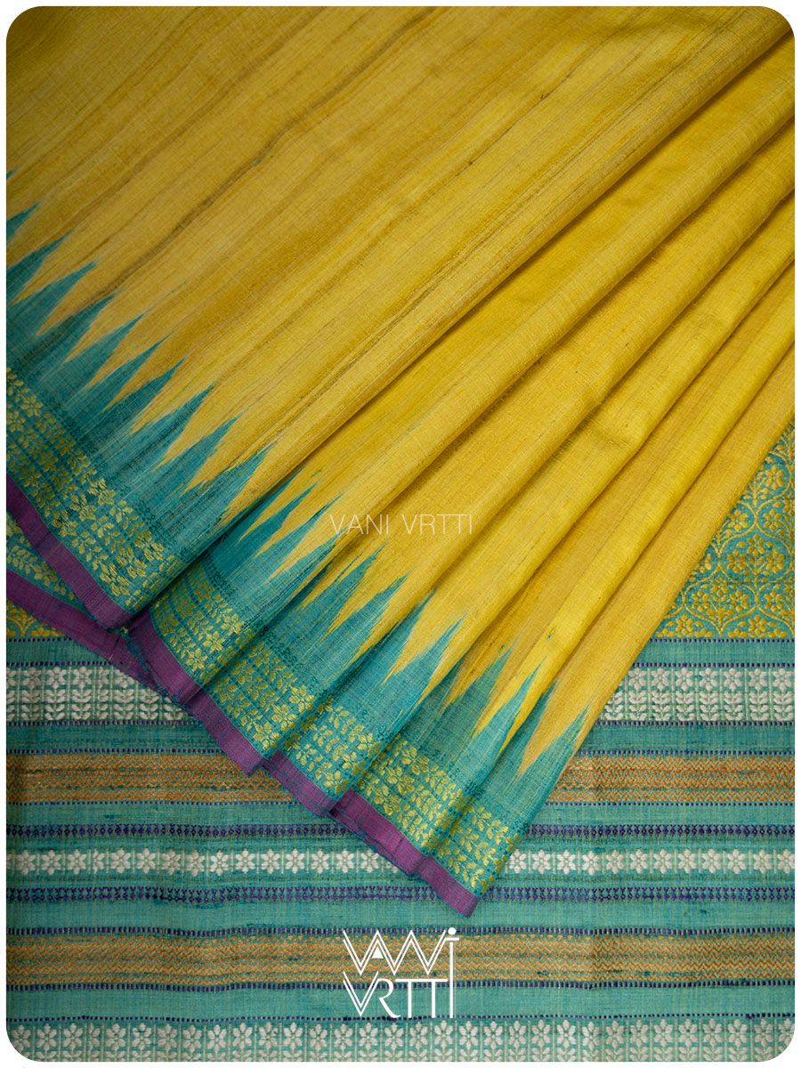 Banana Yellow Firozi Parijat Handspun Tussar Silk Saree