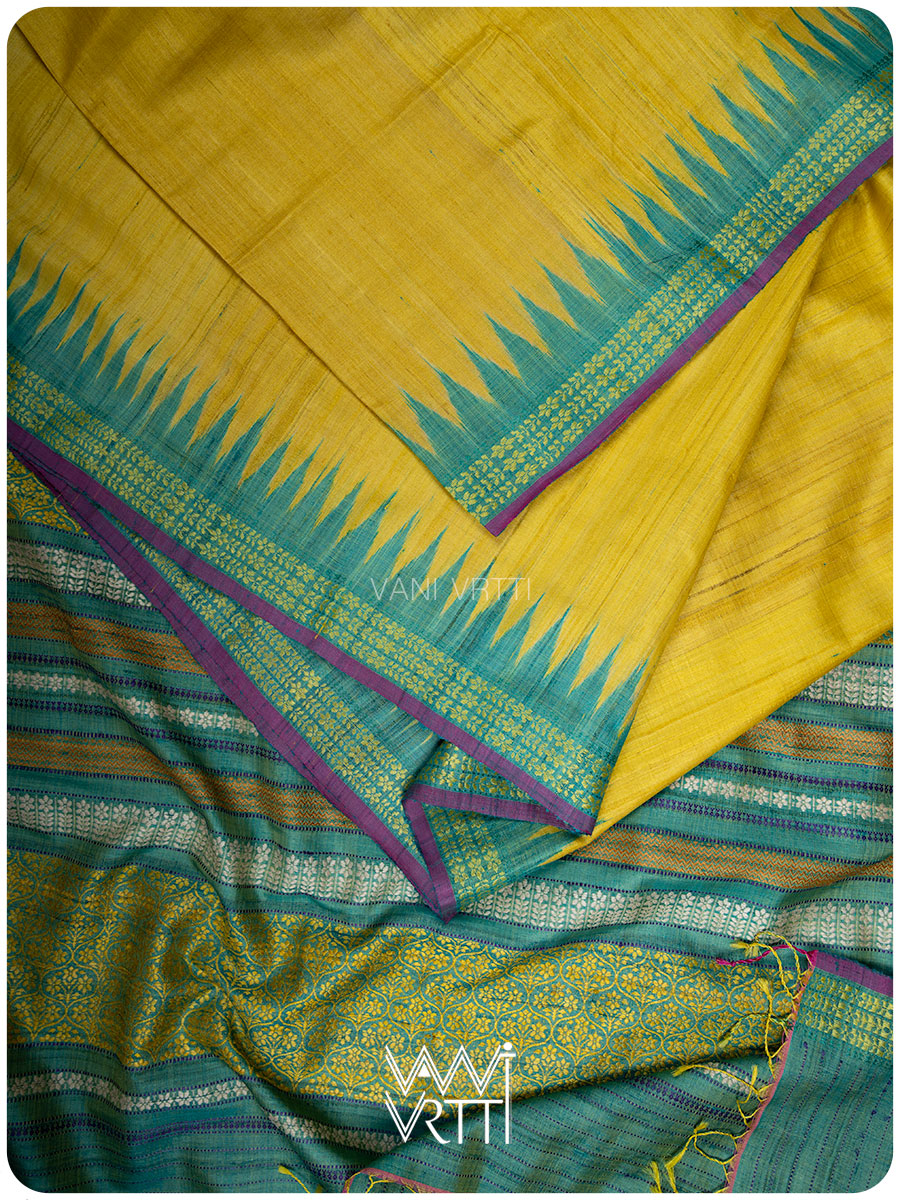 Banana Yellow Firozi Parijat Handspun Tussar Silk Saree