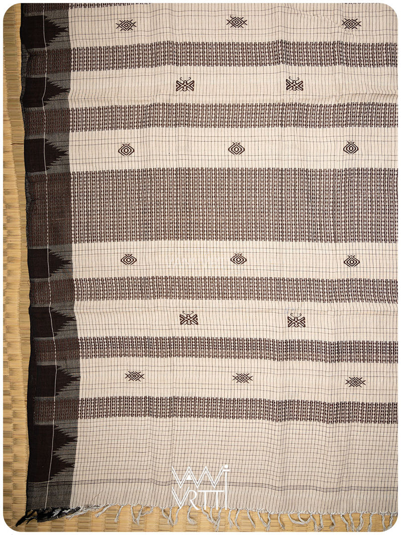 Off White Black Checks Natural Dyed Phoda Kumbha Handwoven Cotton Tussar Kotpad Saree