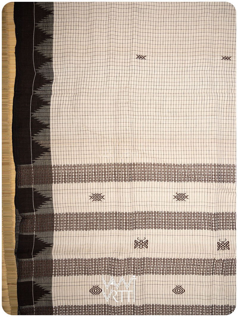Off White Black Checks Natural Dyed Phoda Kumbha Handwoven Cotton Tussar Kotpad Saree