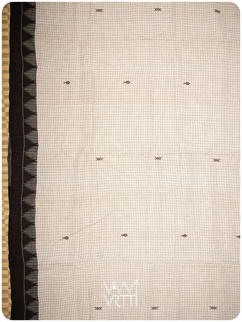 Off White Black Checks Natural Dyed Phoda Kumbha Handwoven Cotton Tussar Kotpad Saree