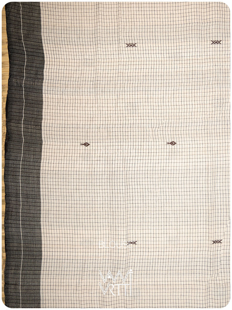 Off White Black Checks Natural Dyed Phoda Kumbha Handwoven Cotton Tussar Kotpad Saree