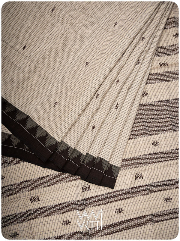 Off White Black Checks Natural Dyed Phoda Kumbha Handwoven Cotton Tussar Kotpad Saree