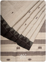 Off White Black Checks Natural Dyed Phoda Kumbha Handwoven Cotton Tussar Kotpad Saree