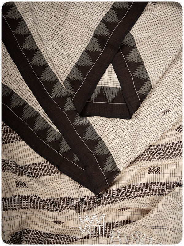 Off White Black Checks Natural Dyed Phoda Kumbha Handwoven Cotton Tussar Kotpad Saree