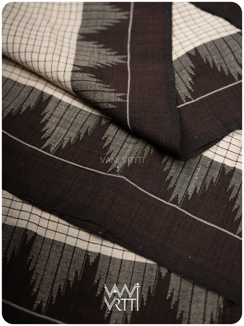 Off White Black Checks Natural Dyed Phoda Kumbha Handwoven Cotton Tussar Kotpad Saree