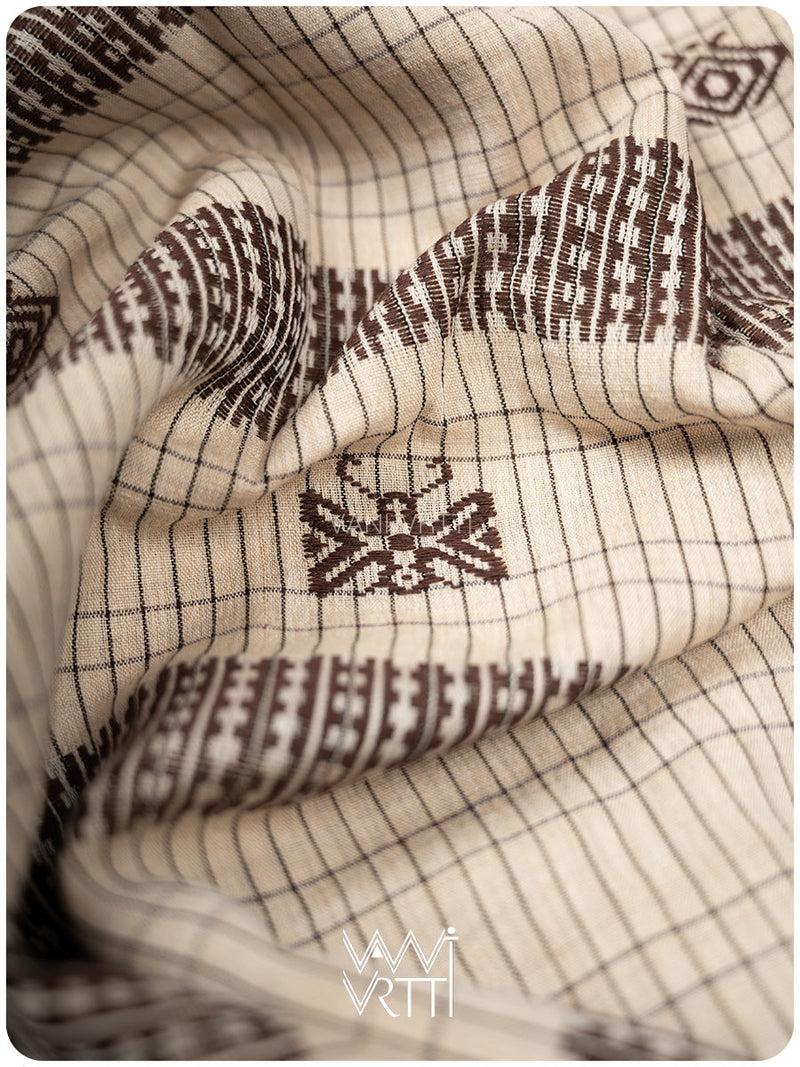 Off White Black Checks Natural Dyed Phoda Kumbha Handwoven Cotton Tussar Kotpad Saree