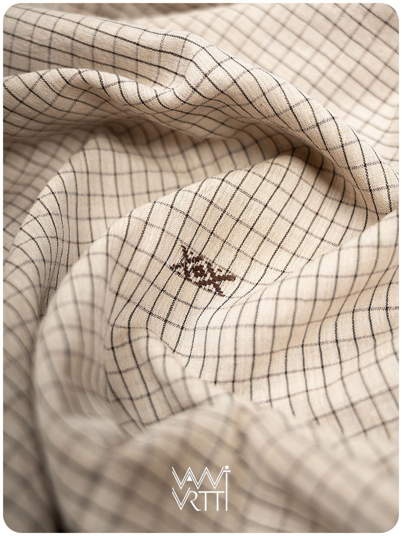 Off White Black Checks Natural Dyed Phoda Kumbha Handwoven Cotton Tussar Kotpad Saree