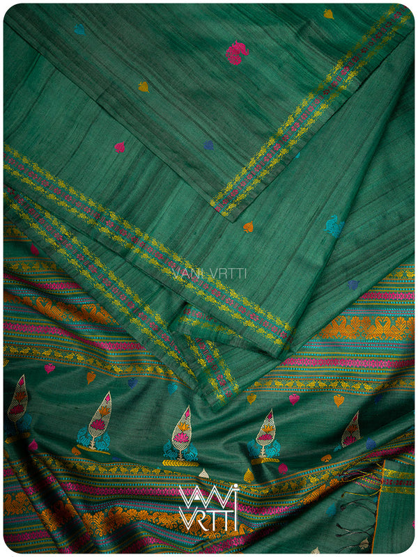 Emerald Green Mughal Garden Exclusive Handspun Tussar Silk Saree