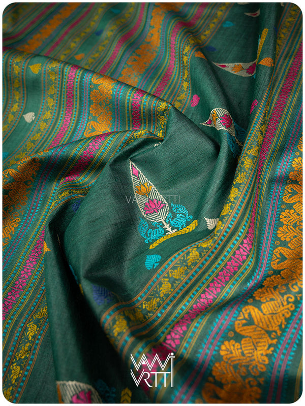 Emerald Green Mughal Garden Exclusive Handspun Tussar Silk Saree