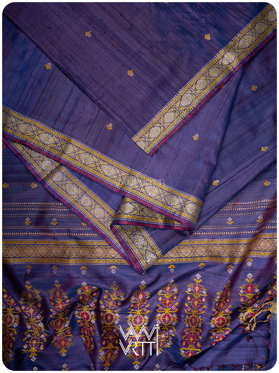 Purplish Blue Brahma Kamal Master Weave Exclusive Handspun Tussar Silk Saree