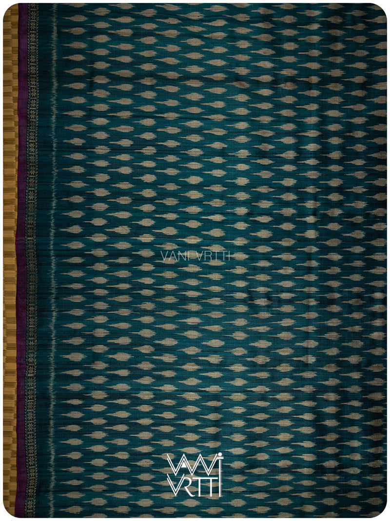 Deep Peacock Blue Kadamba Ikat Handspun Tussar Silk Saree