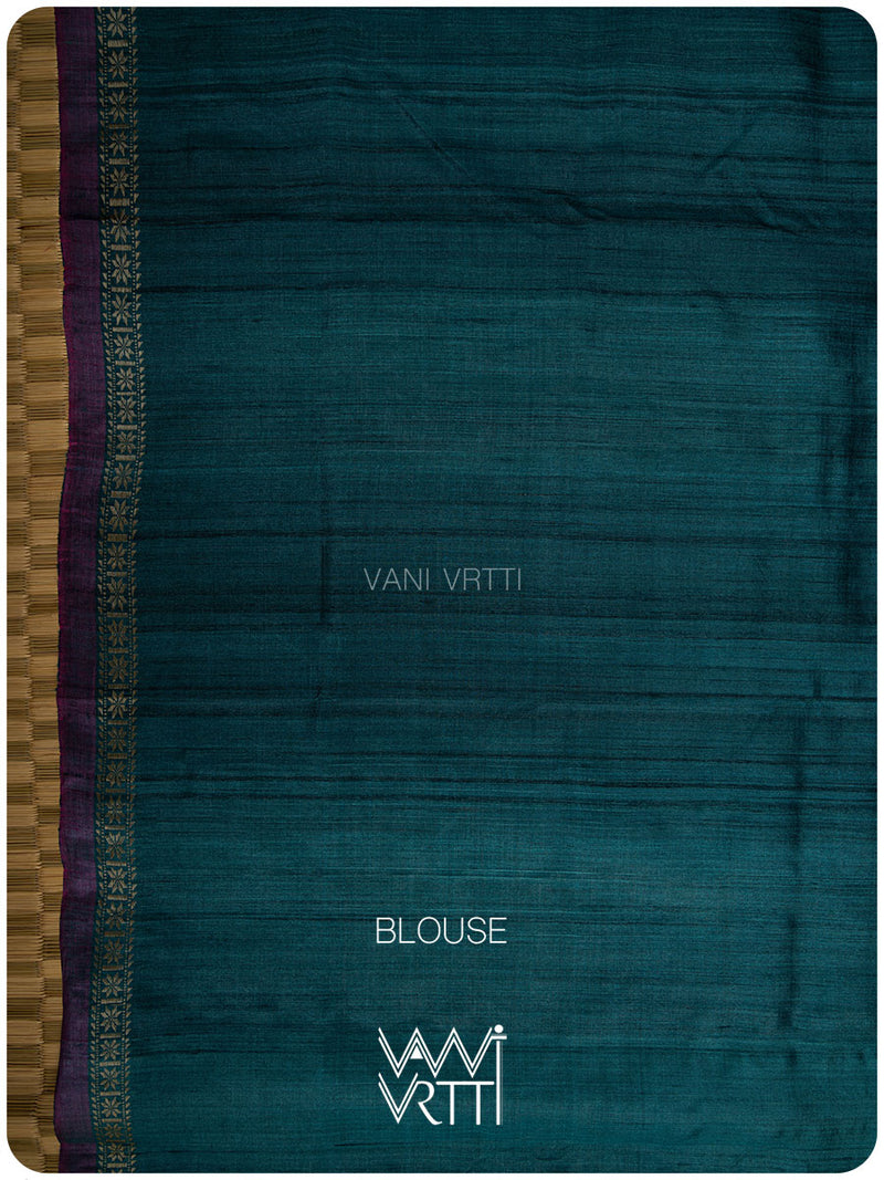 Deep Peacock Blue Kadamba Ikat Handspun Tussar Silk Saree