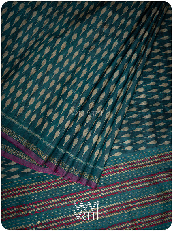 Deep Peacock Blue Kadamba Ikat Handspun Tussar Silk Saree