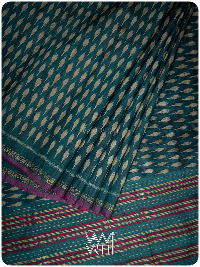 Deep Peacock Blue Kadamba Ikat Handspun Tussar Silk Saree
