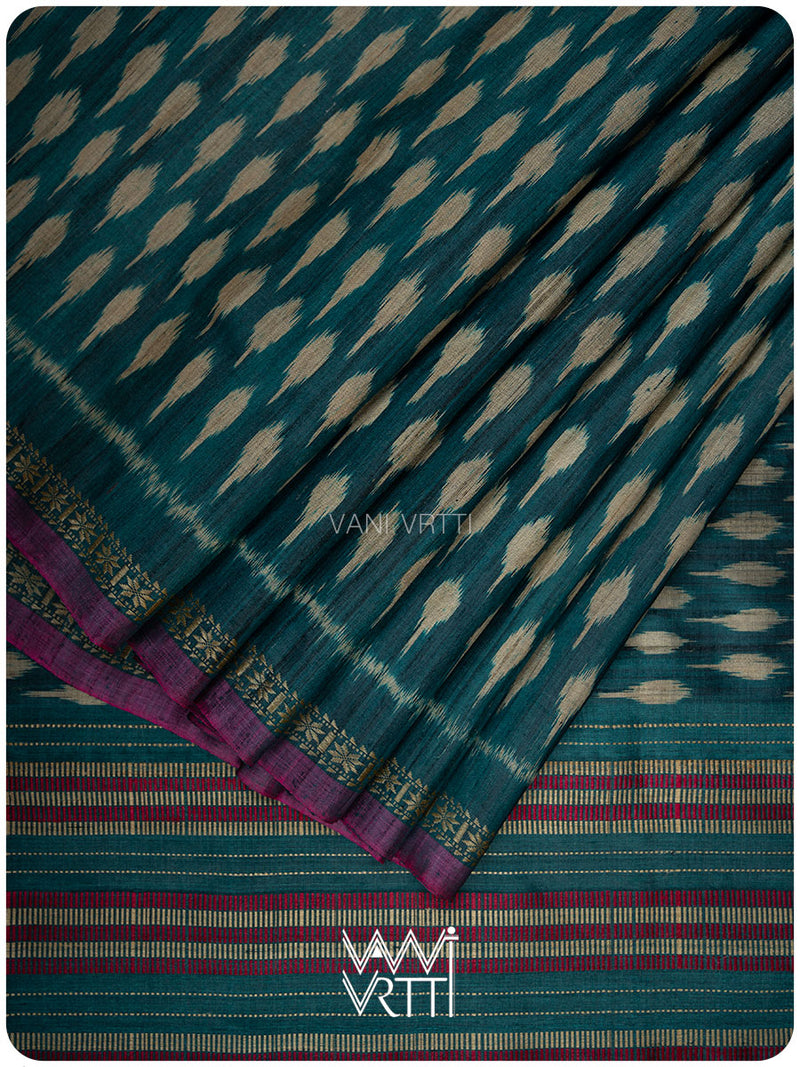 Deep Peacock Blue Kadamba Ikat Handspun Tussar Silk Saree