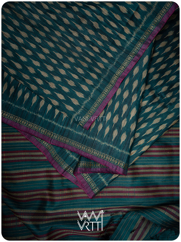 Deep Peacock Blue Kadamba Ikat Handspun Tussar Silk Saree