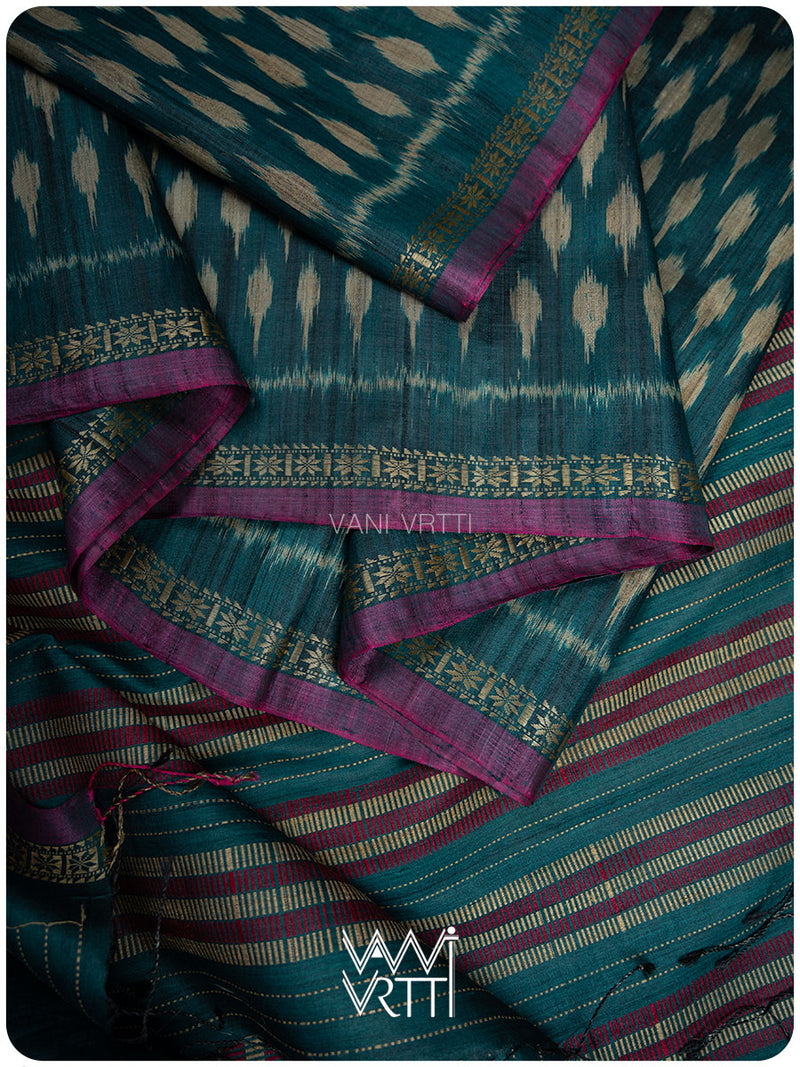 Deep Peacock Blue Kadamba Ikat Handspun Tussar Silk Saree