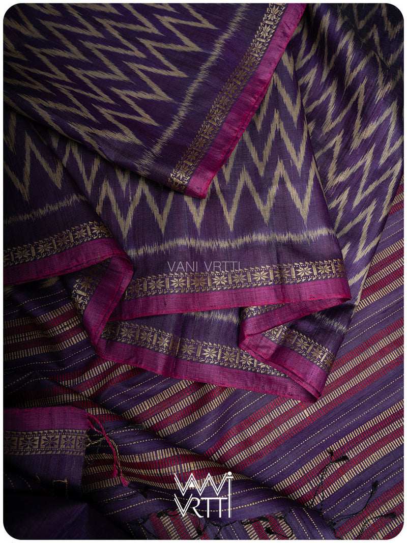 Deep Baingani Aziz Ikat Handspun Tussar Silk Saree