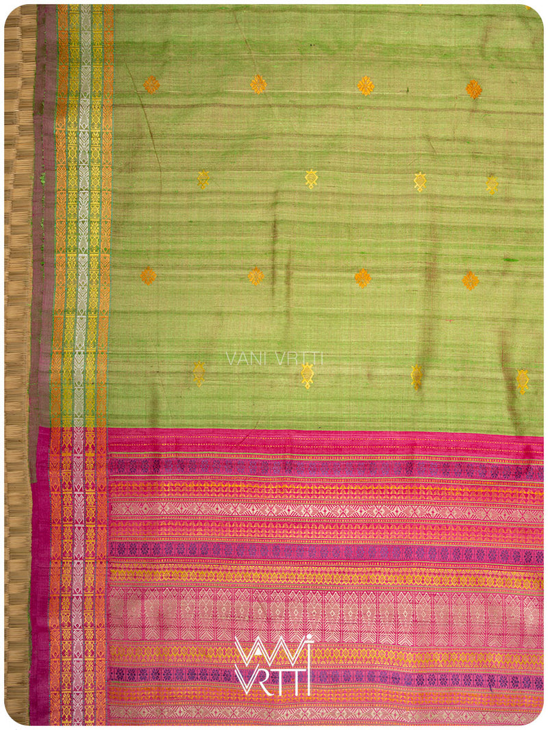 Tender Leaf Green Magenta Matsya Kachhap Handspun Tussar Silk Saree