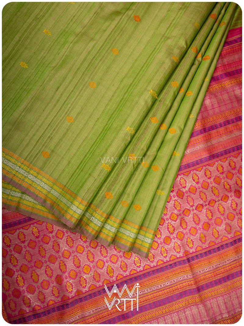 Tender Leaf Green Magenta Matsya Kachhap Handspun Tussar Silk Saree