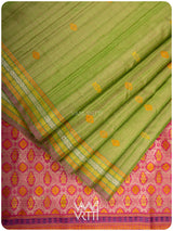 Tender Leaf Green Magenta Matsya Kachhap Handspun Tussar Silk Saree