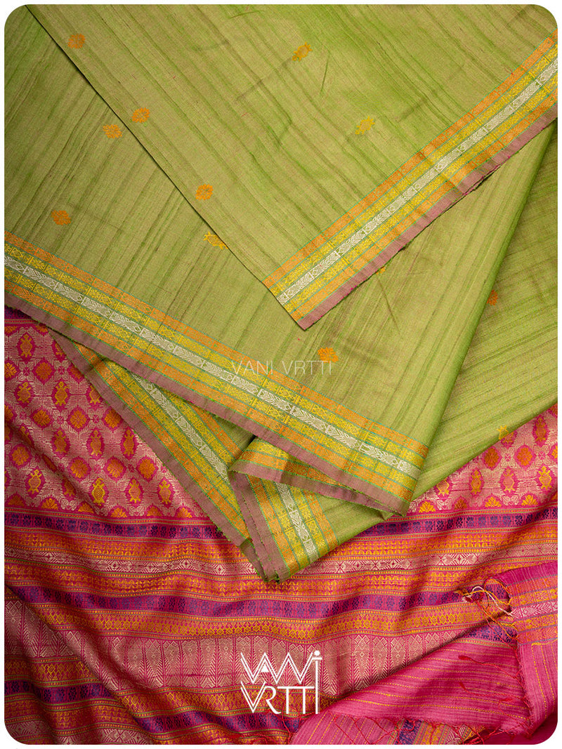 Tender Leaf Green Magenta Matsya Kachhap Handspun Tussar Silk Saree