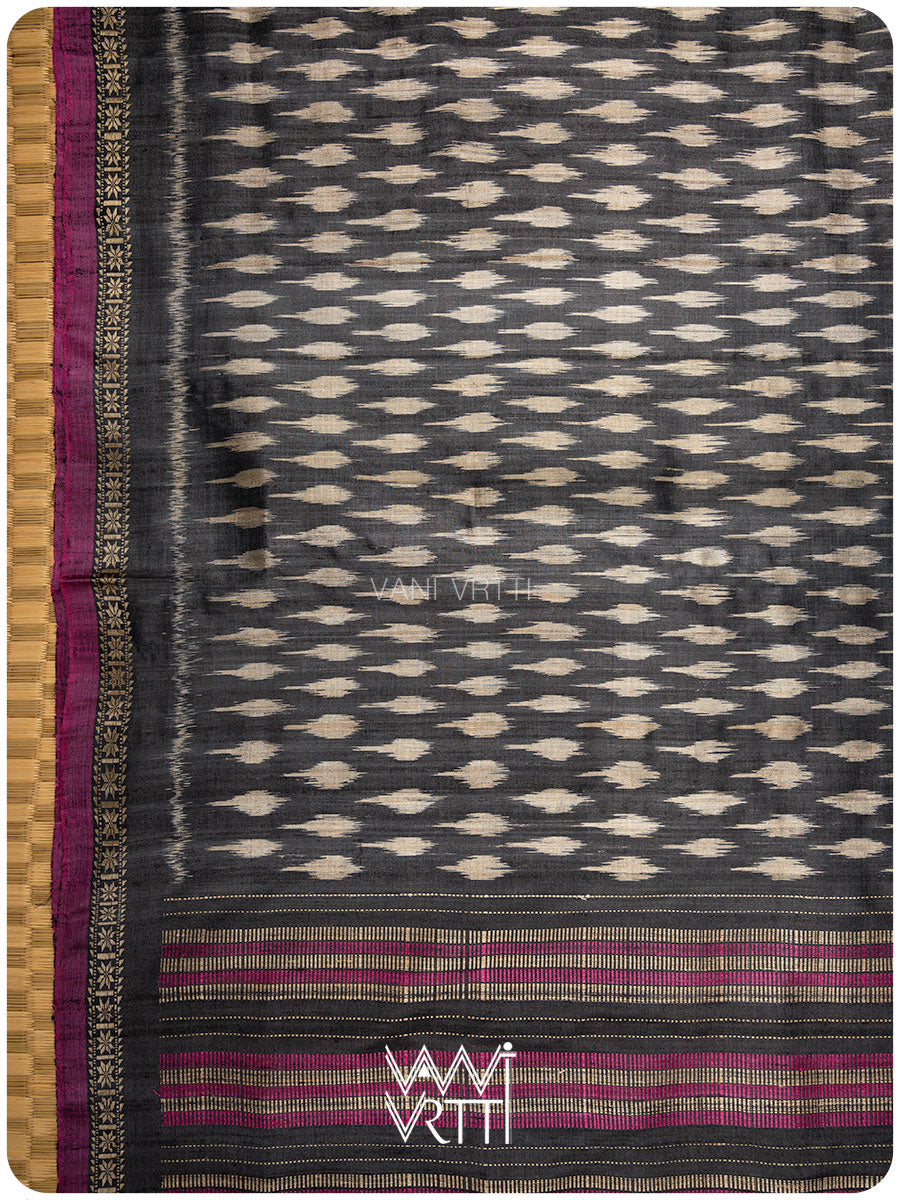 Slate Black Kadamba Ikat Handspun Tussar Silk Saree