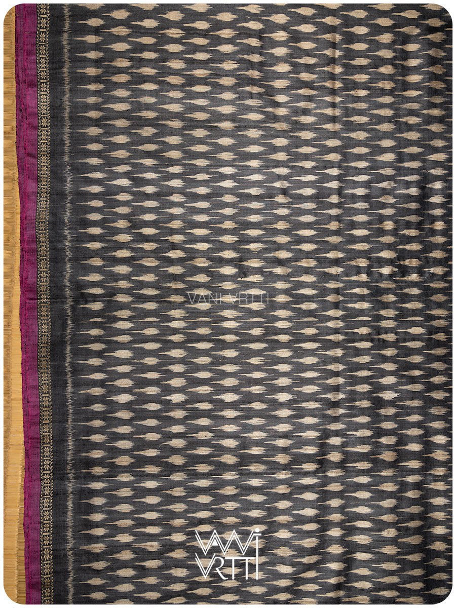 Slate Black Kadamba Ikat Handspun Tussar Silk Saree