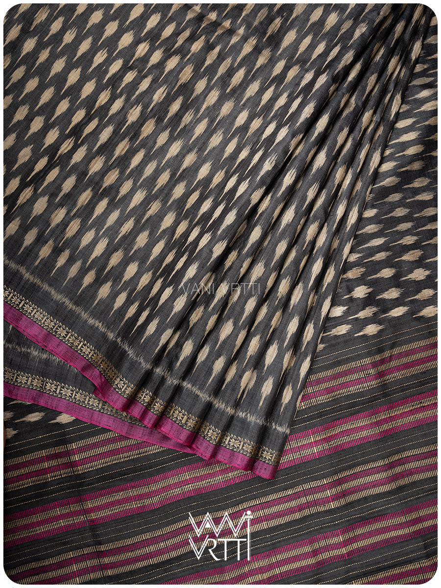 Slate Black Kadamba Ikat Handspun Tussar Silk Saree