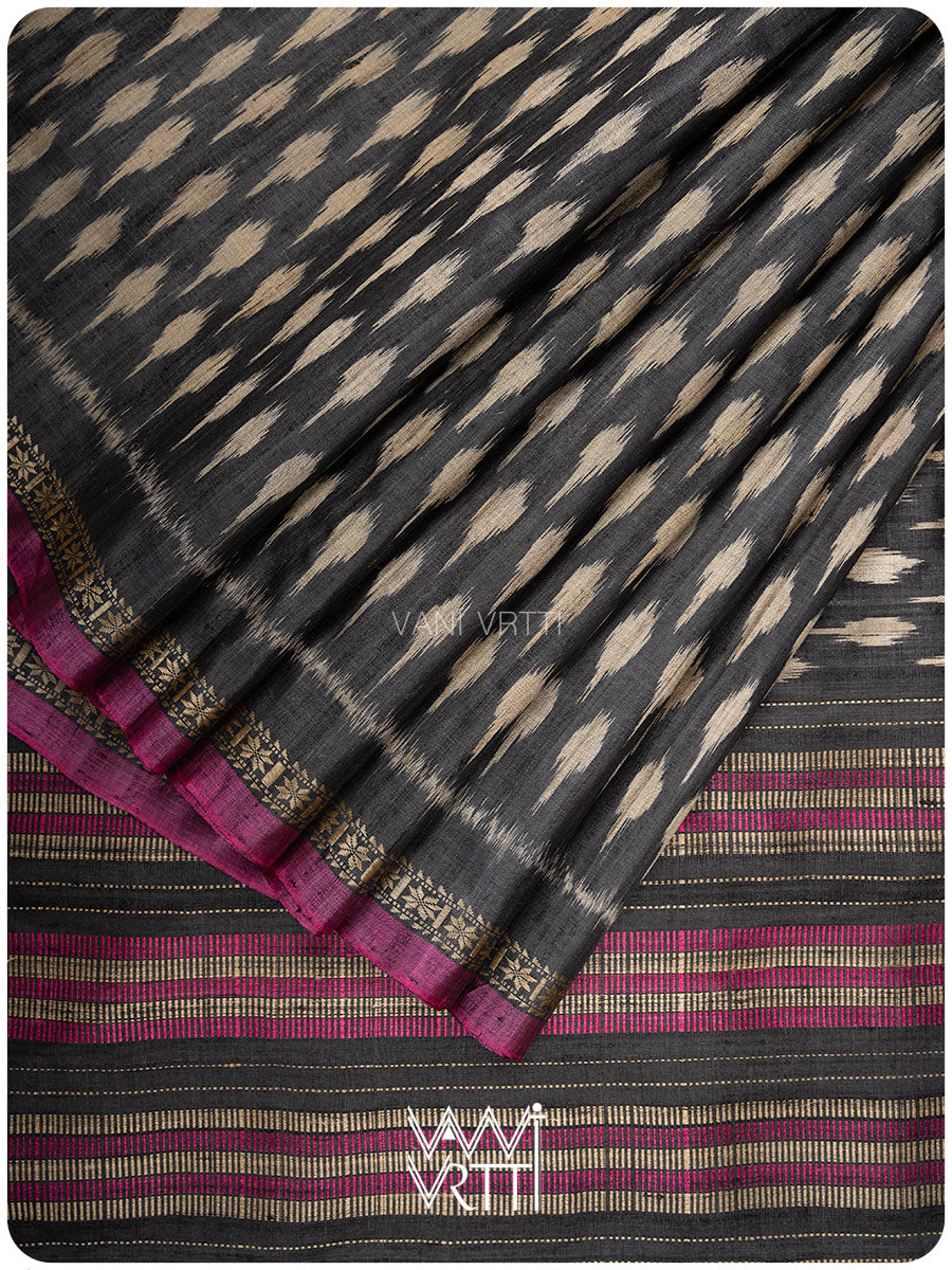 Slate Black Kadamba Ikat Handspun Tussar Silk Saree