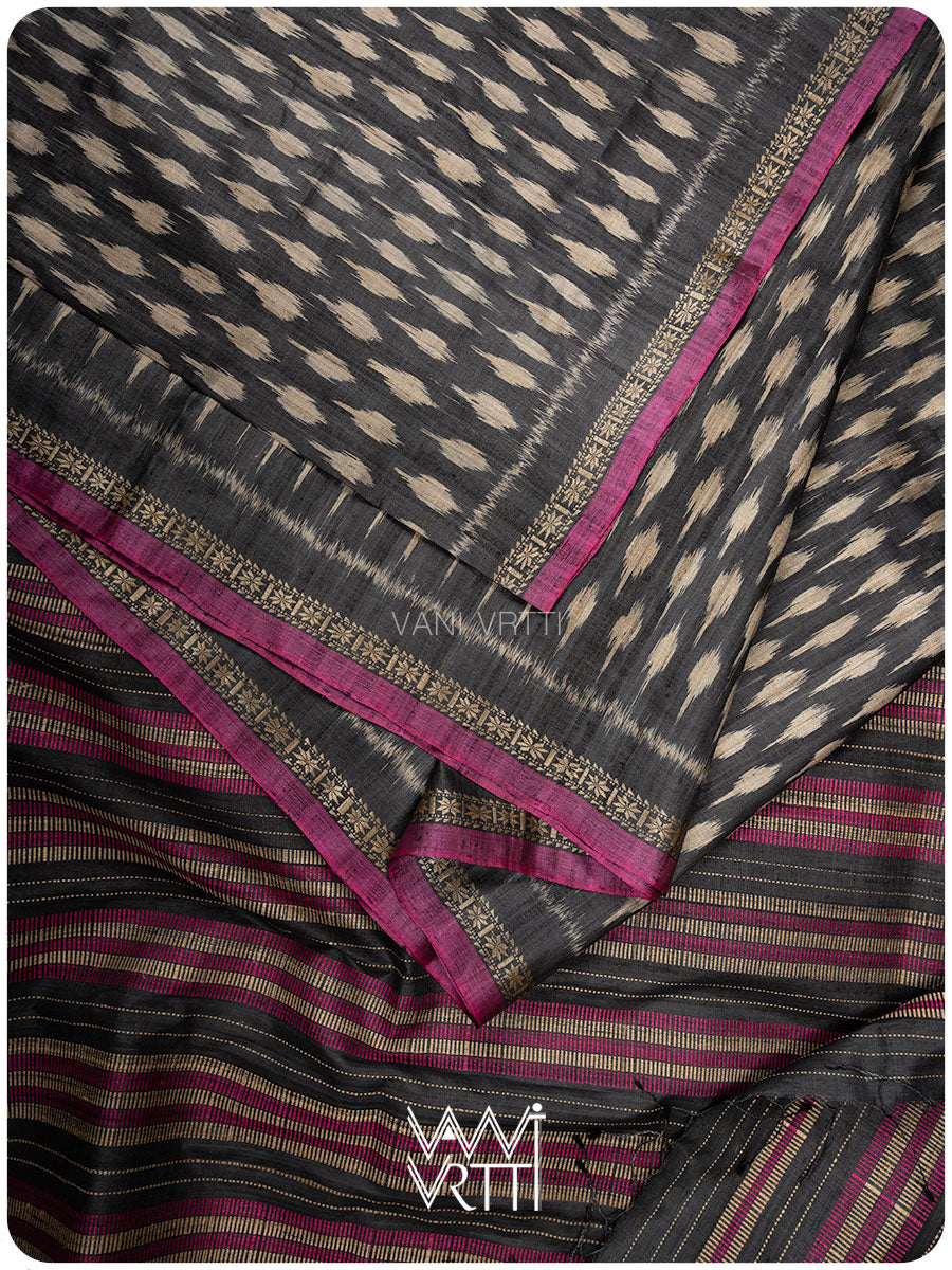 Slate Black Kadamba Ikat Handspun Tussar Silk Saree