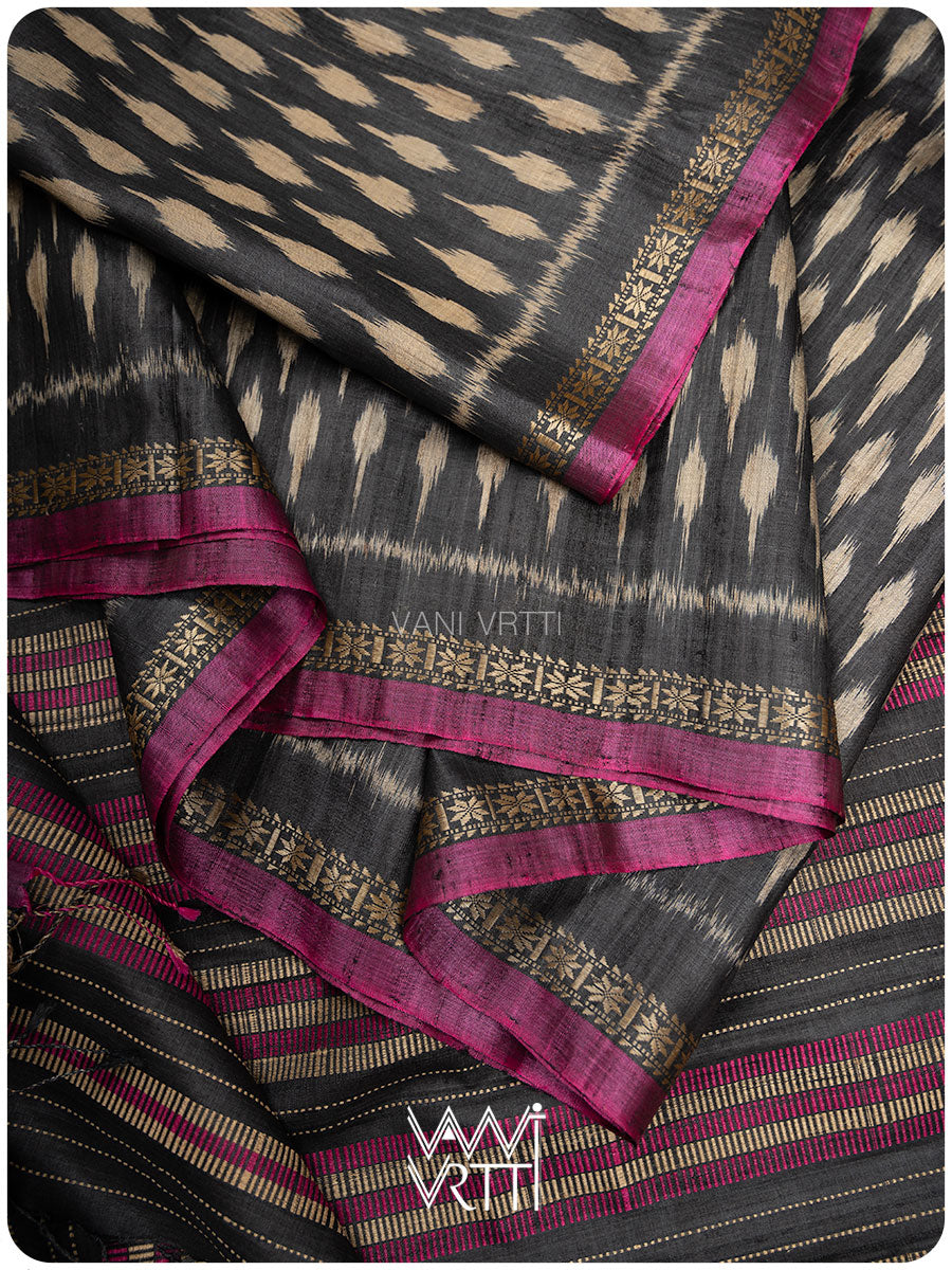 Slate Black Kadamba Ikat Handspun Tussar Silk Saree