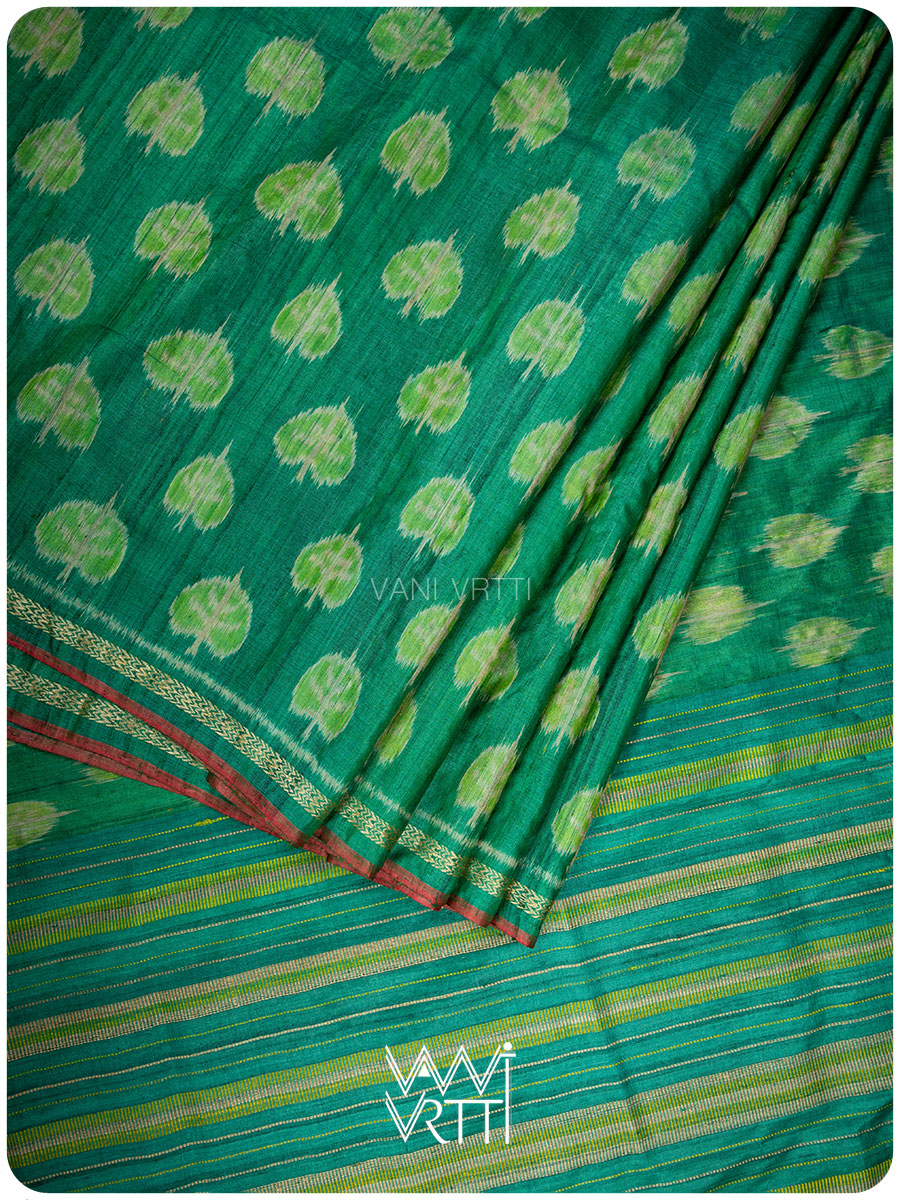 Emerald Green Peepal Ikat Handspun Tussar Silk Saree