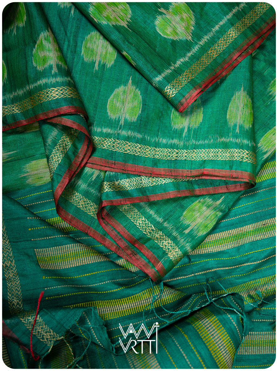 Emerald Green Peepal Ikat Handspun Tussar Silk Saree