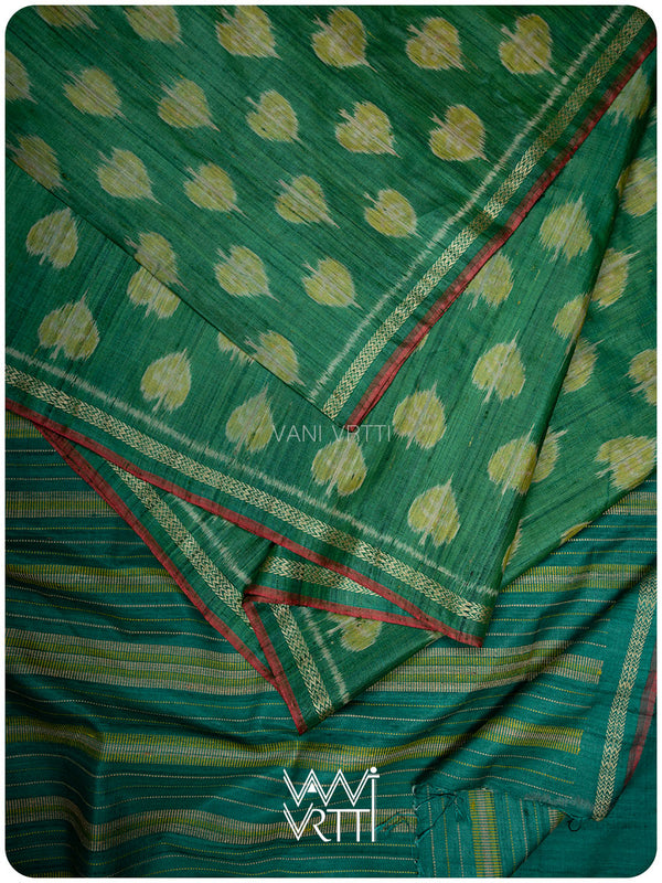 Emerald Mehendi Green Peepal Ikat Handspun Tussar Silk Saree